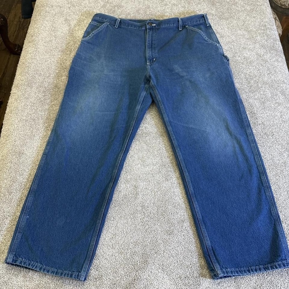 Carhartt Denim Carpenter Jeans 42x30 Workwear Blue Jeans Leather Patch